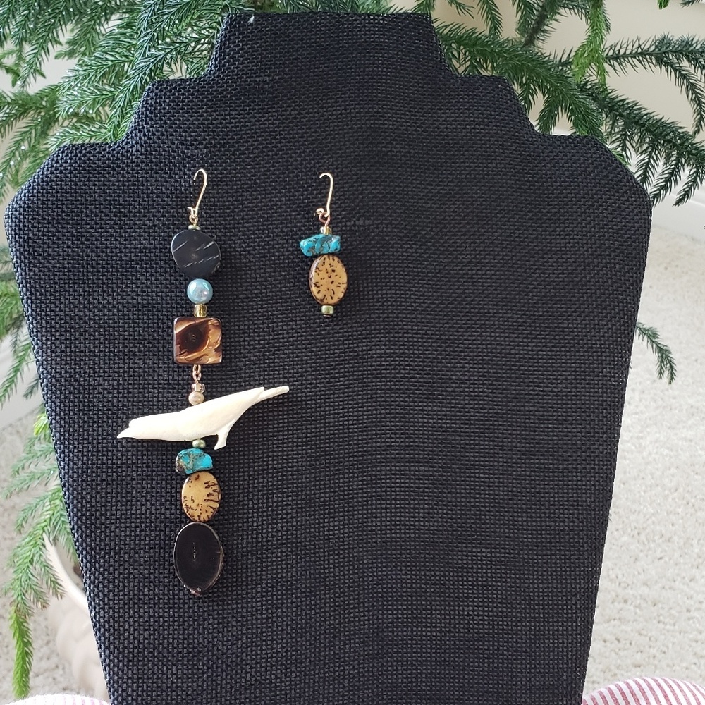 Asymmetrical Boho Nature Earrings Exotic Wood Bird